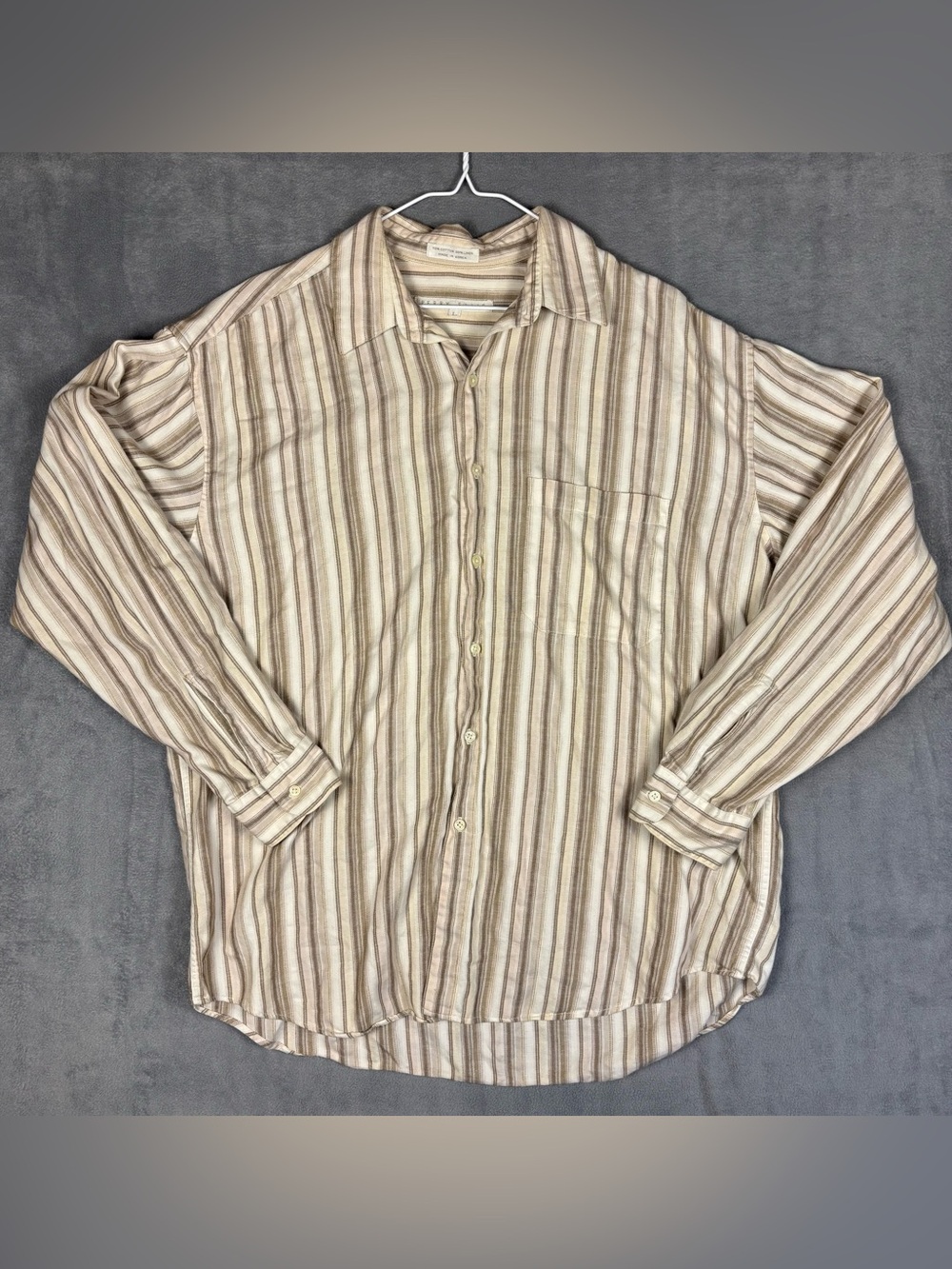 Perry Ellis Mens L Linen Cotton Stripe Button Down Shirt Vintage 90s Beige